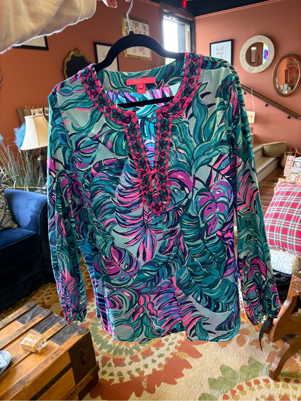 Lilly Pulitzer Tropical Leaf Print Tunic in Teal & Pink